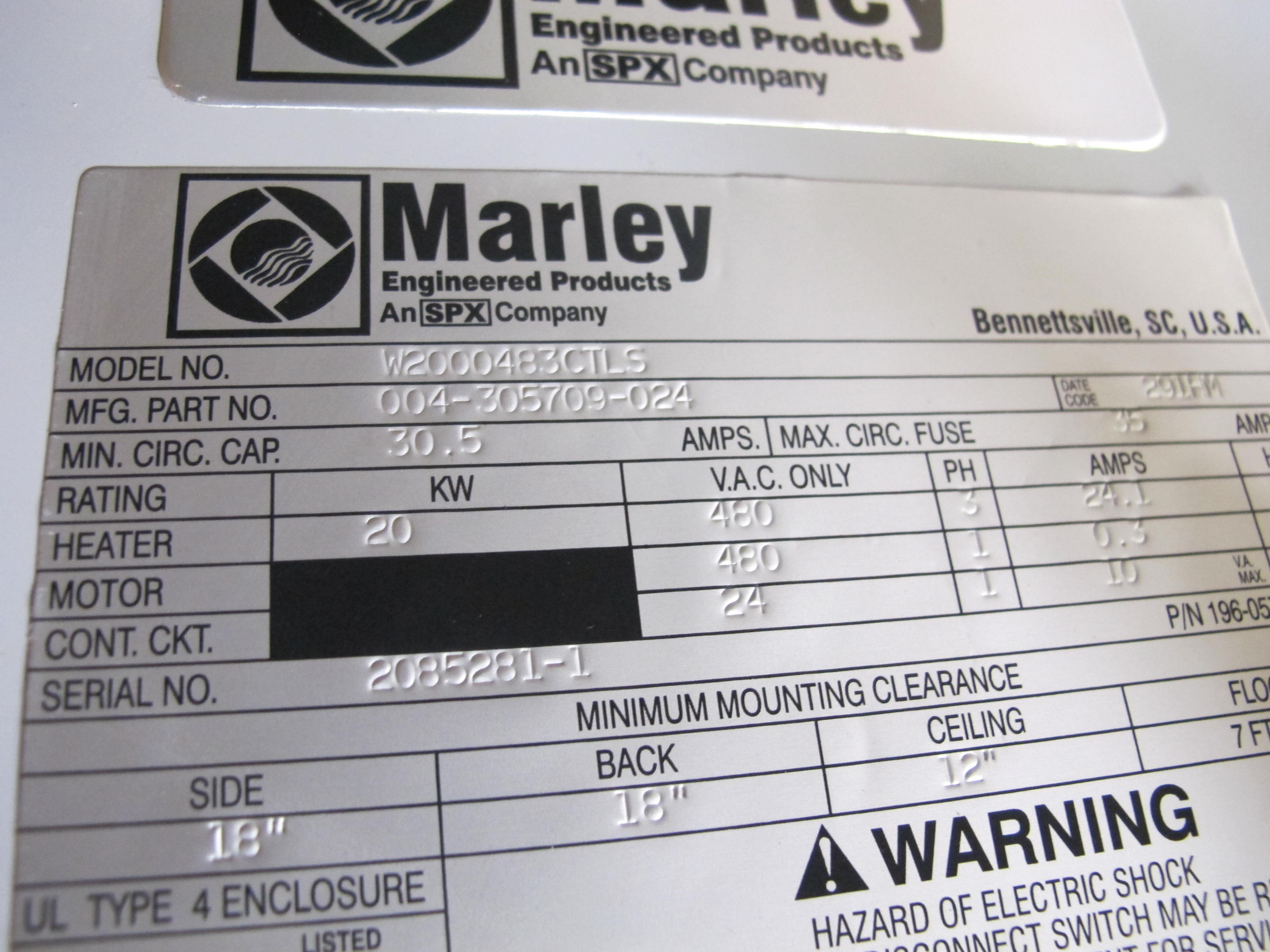 LOT TO INCLUDE: (1) MARLEY ENGINEERED PRODUCTS, PORTABLE HEATER/BLOWER, MODEL #W2000483CTL, (1) FOSTORIA HEAT WAVE 30 PORTABLE HEATER, 3 PHASE, 480 V, 60 HZ. LOADING & HANDLING FEE $15-4087